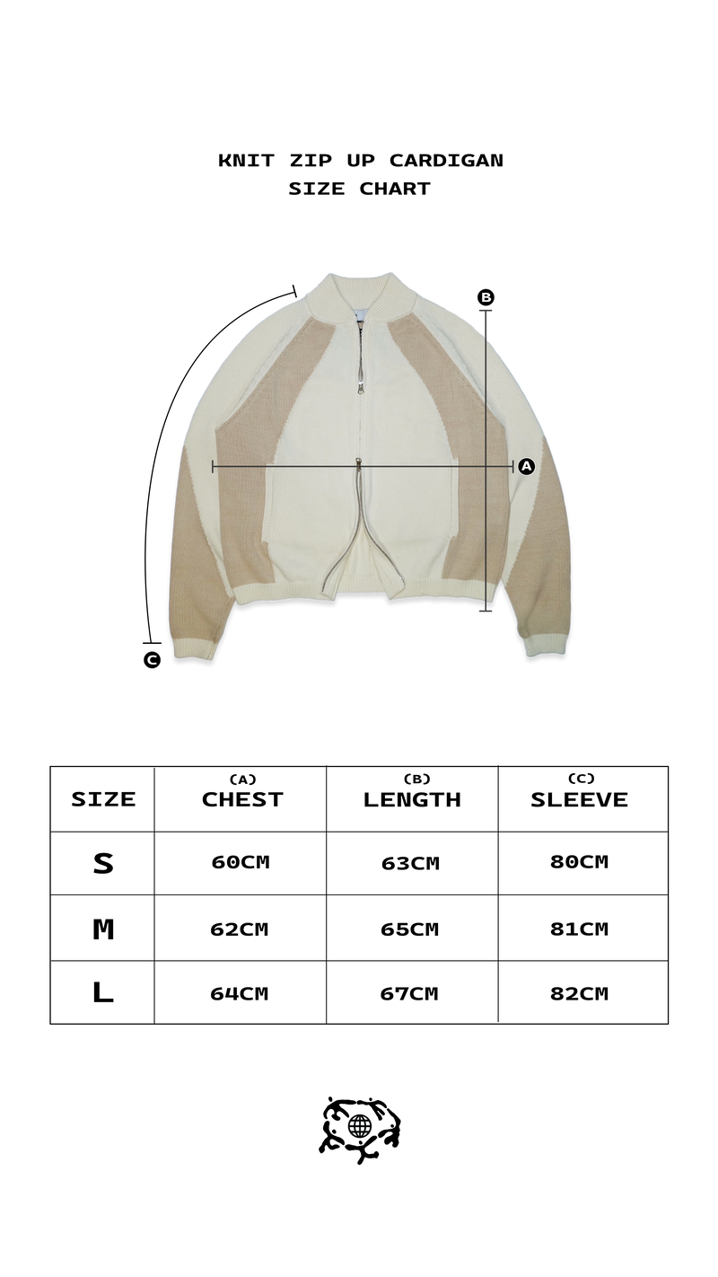 Size chart for KNIT ZIP UP CARDIGAN